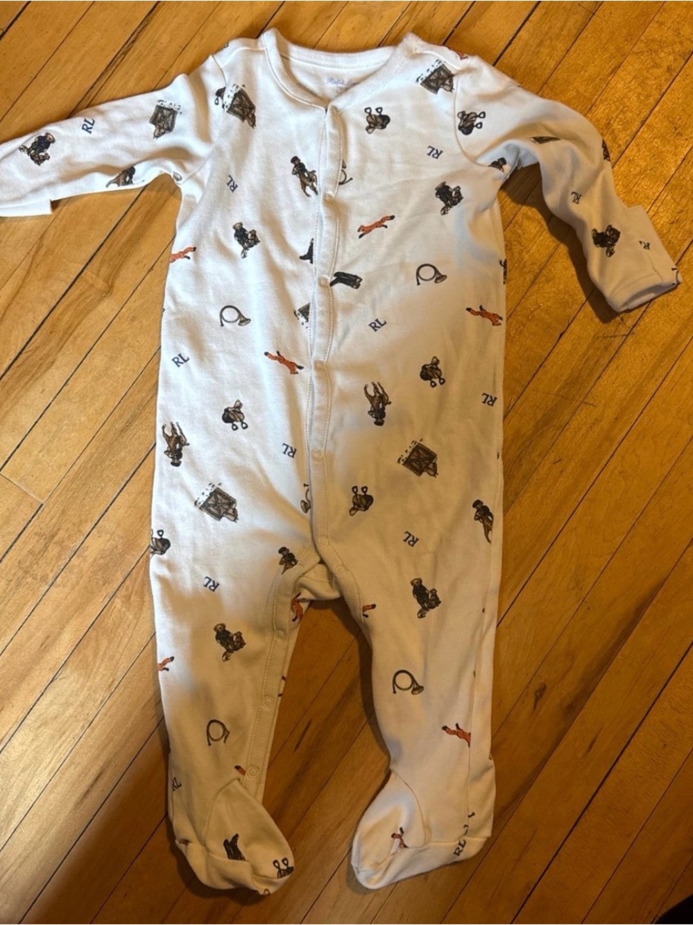 Ralph Lauren White Baby Footed One-Piece with Polo & Pony Prints